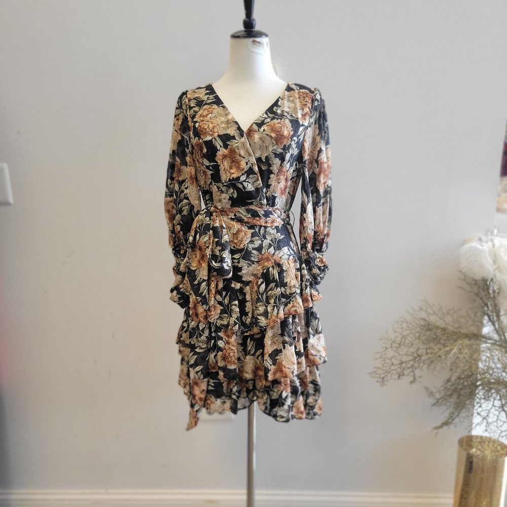 BROWN MULTI RUFFLE MINI DRESS WITH A BELT